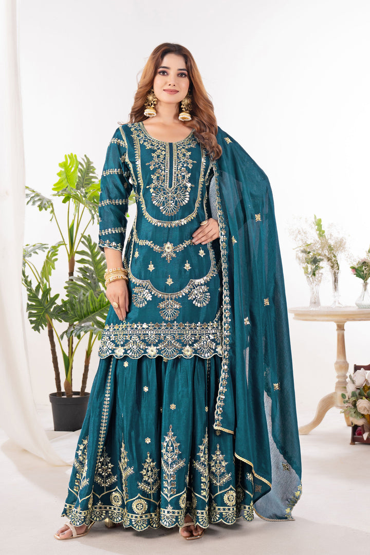 Teal Color Chinon Fabric Beautiful Readymade Sharara Suit