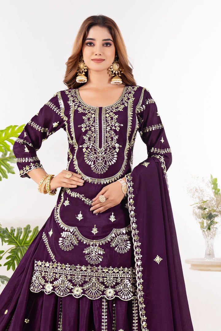 Chinon Fabric Wine Color Glamorous Readymade Sharara Suit