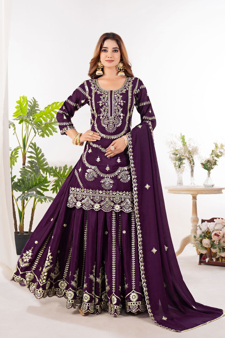 Chinon Fabric Wine Color Glamorous Readymade Sharara Suit
