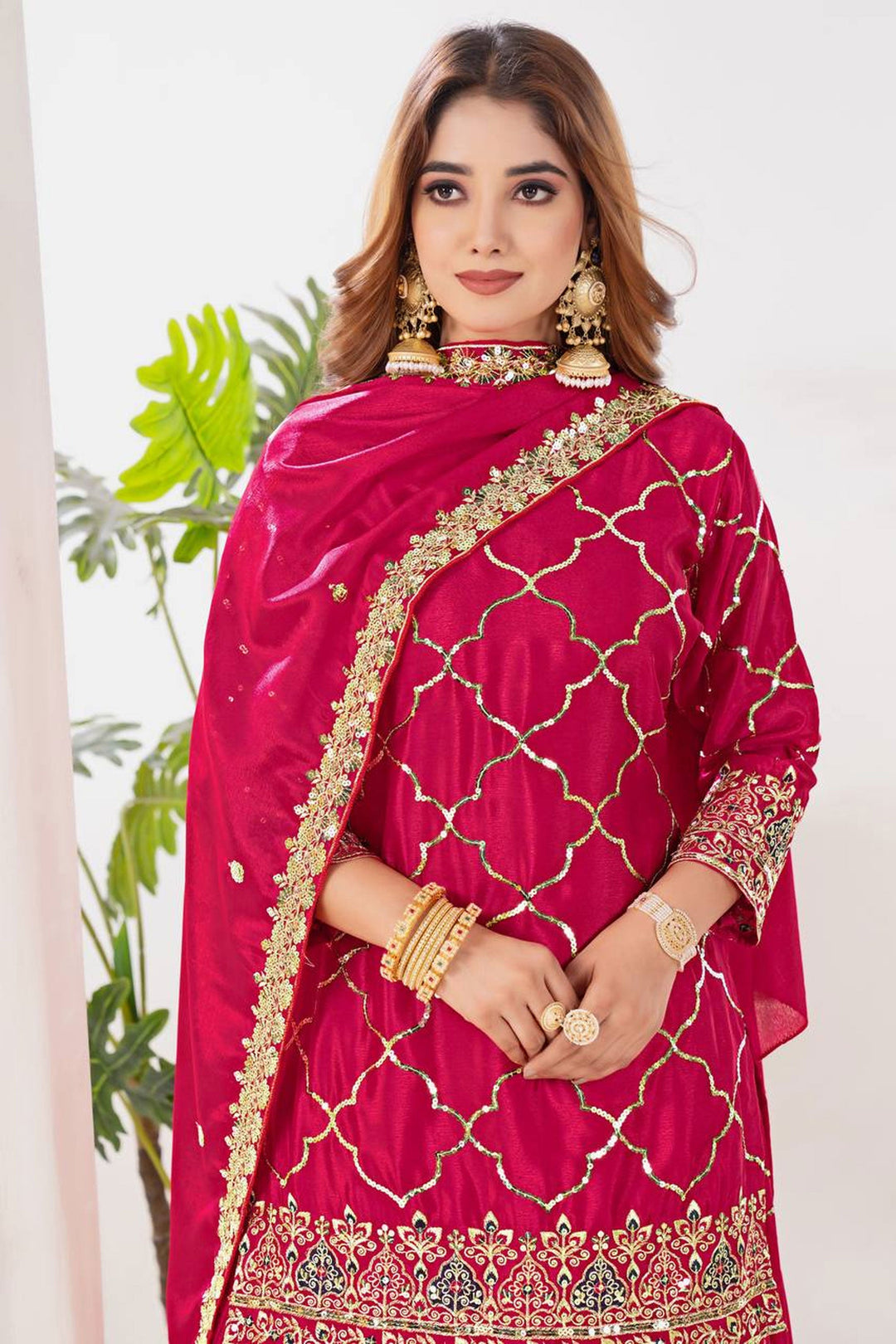 Chinon Silk Fabric Pink Color Stylish Look Readymade Sharara Suit