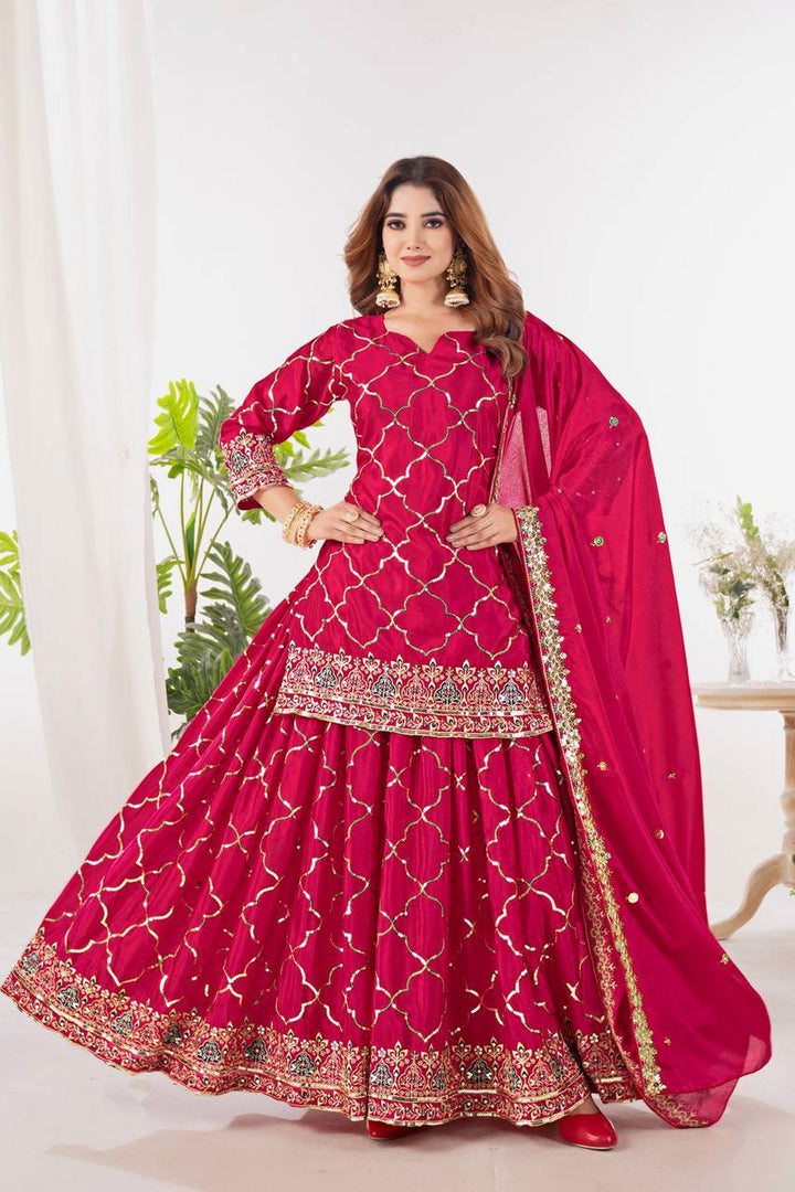 Chinon Silk Fabric Pink Color Stylish Look Readymade Sharara Suit