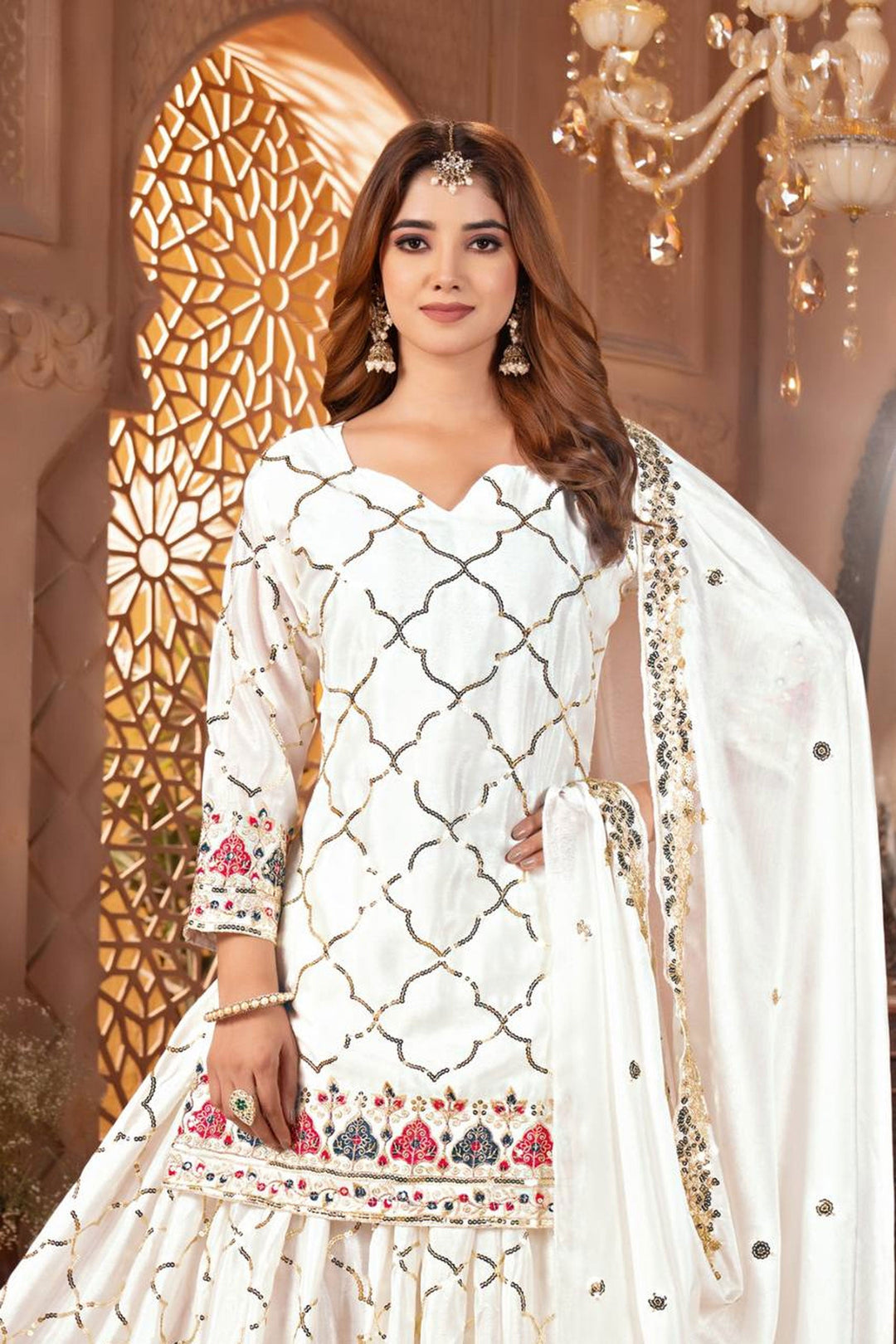 Chinon Silk Fabric White Color Beatific Look Readymade Sharara Suit