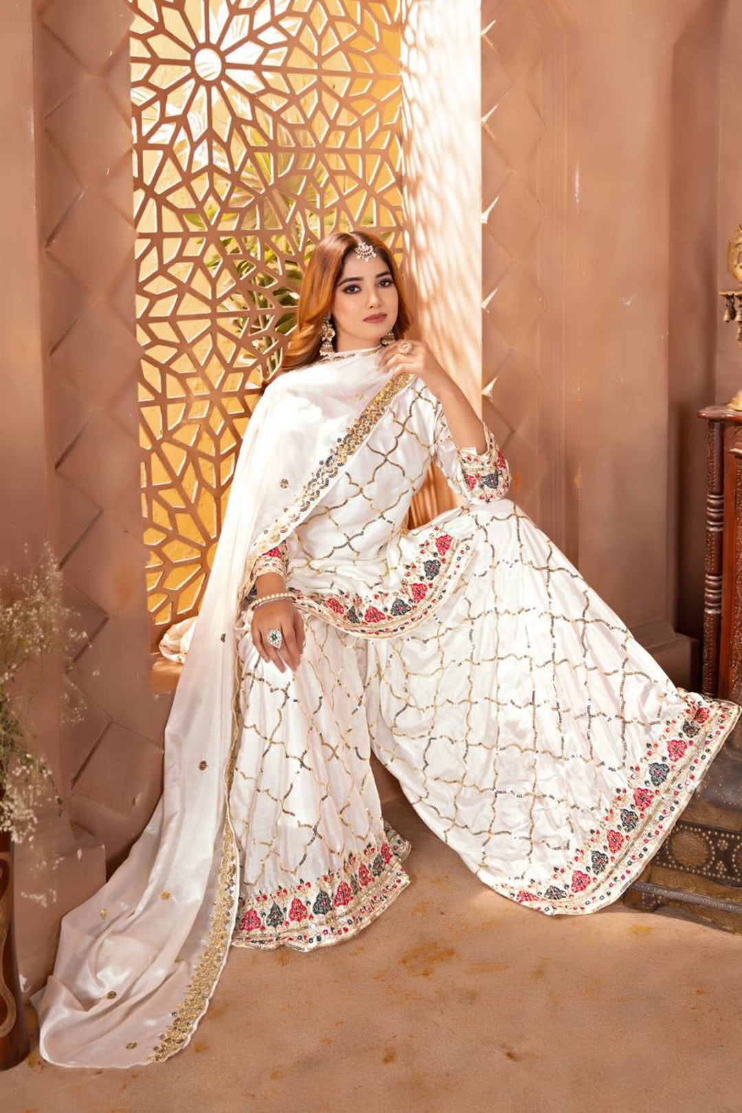 Chinon Silk Fabric White Color Beatific Look Readymade Sharara Suit