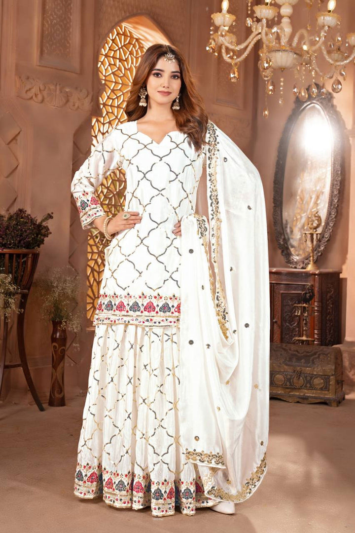Chinon Silk Fabric White Color Beatific Look Readymade Sharara Suit