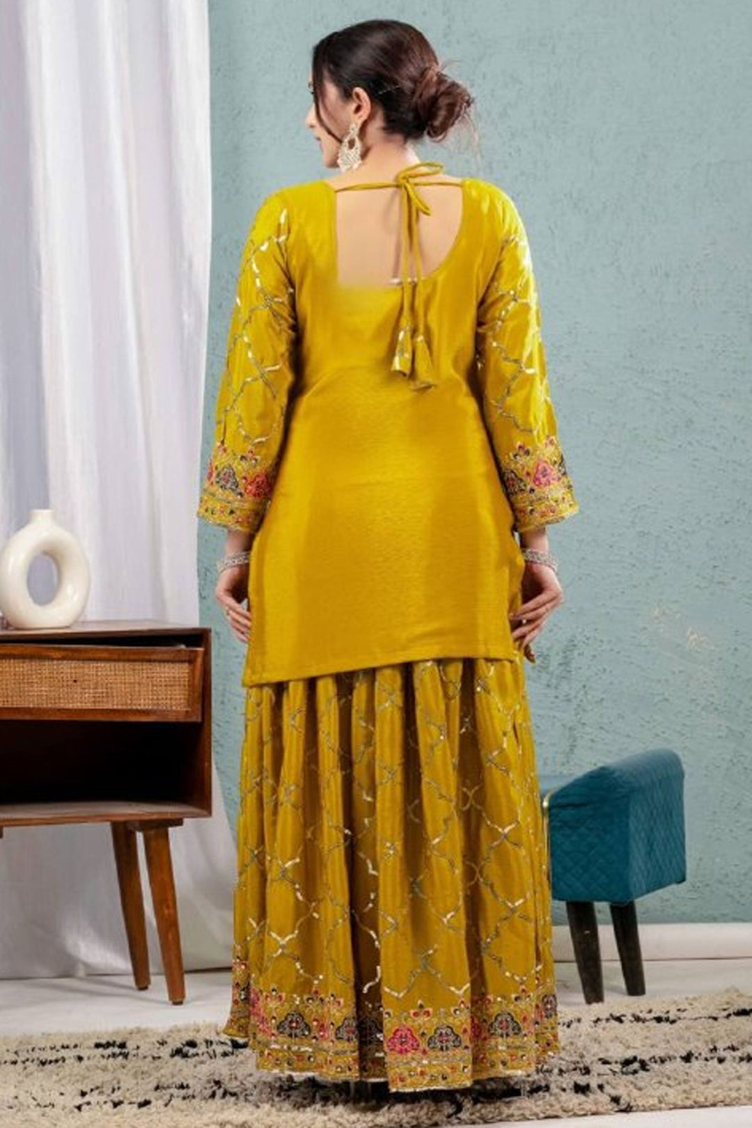 Febulous Chinon Silk Fabric Yellow Color Readymade Sharara Suit