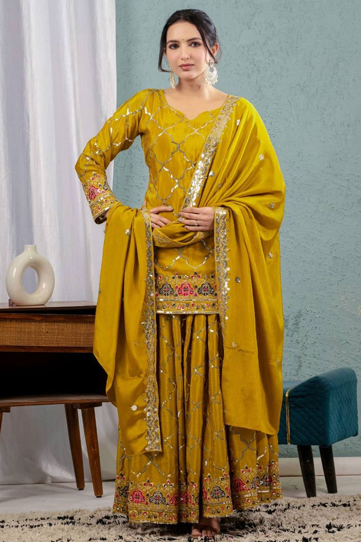 Febulous Chinon Silk Fabric Yellow Color Readymade Sharara Suit