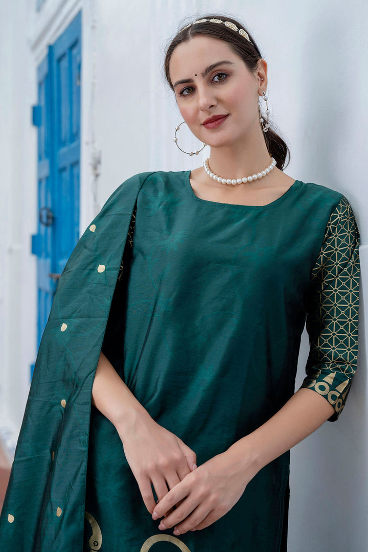 Green Color Cotton Silk Fabric Beautiful Jacquard Work Salwar Suit