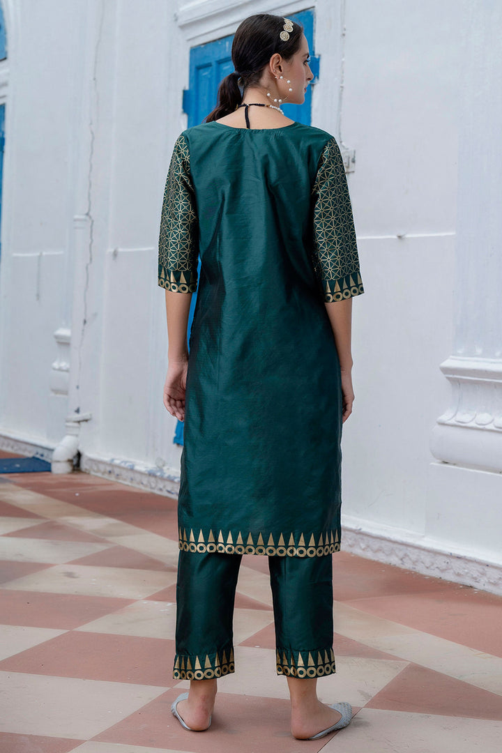 Green Color Cotton Silk Fabric Beautiful Jacquard Work Salwar Suit