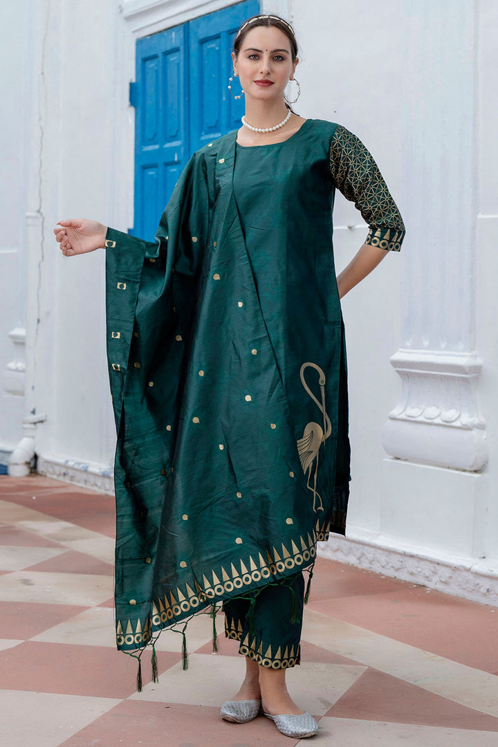 Green Color Cotton Silk Fabric Beautiful Jacquard Work Salwar Suit