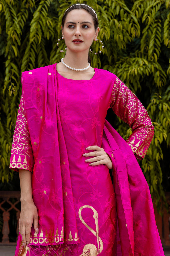 Cotton Silk Fabric Jacquard Work Rani Color Attractive Salwar Suit
