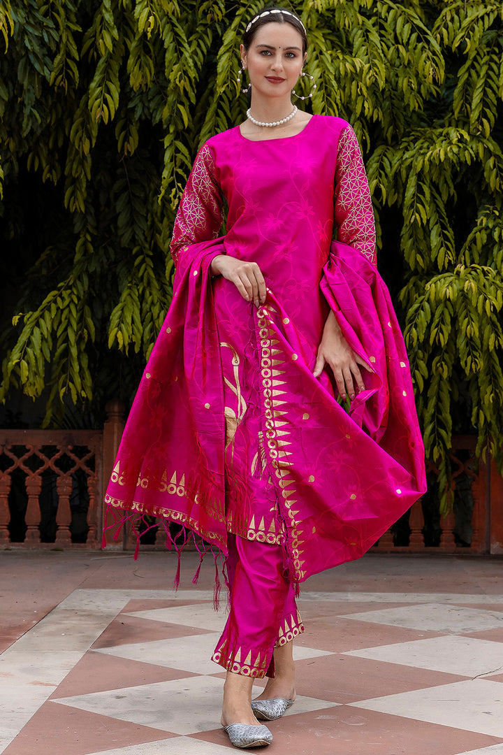 Cotton Silk Fabric Jacquard Work Rani Color Attractive Salwar Suit