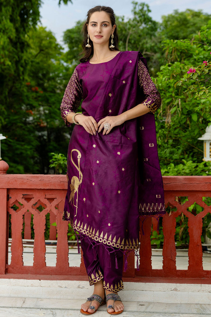 Purple Color Cotton Silk Fabric Glorious Salwar Suit With Jacquard Work | Buy Online India