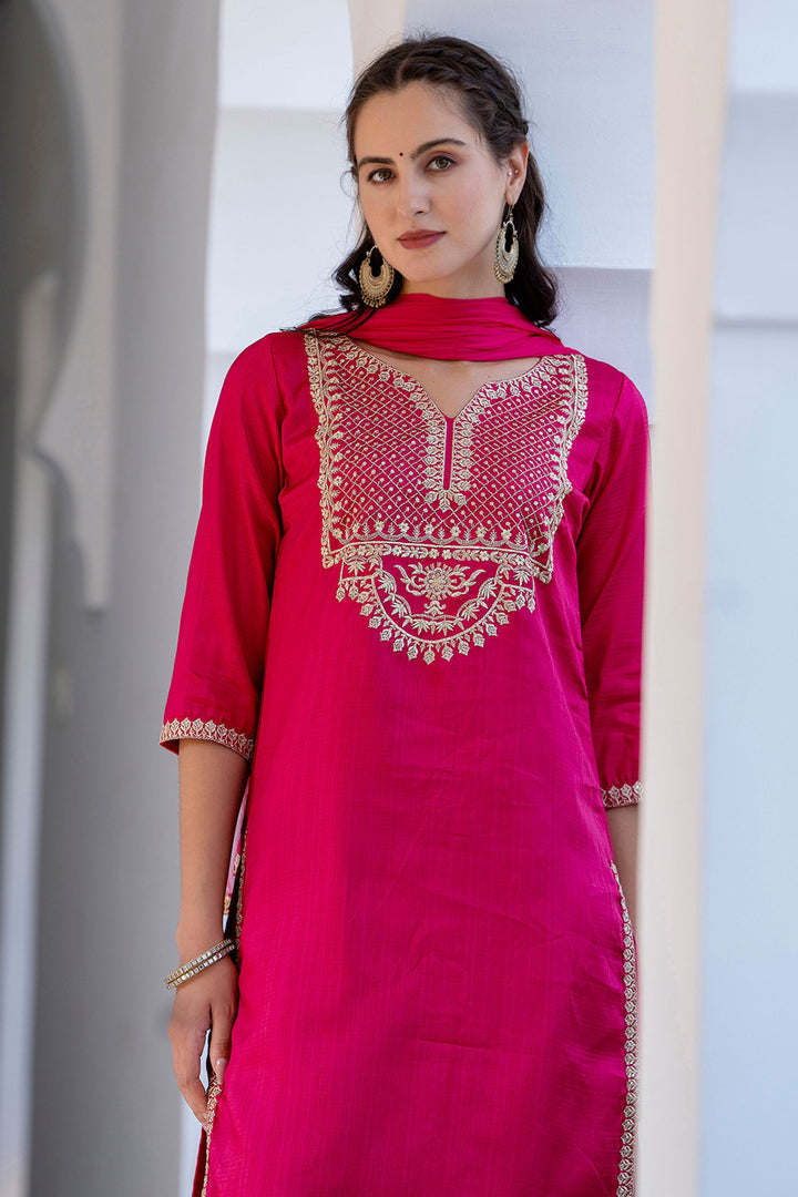 Art Silk Fabric Pink Color Glamorous Embroidered Salwar Suit