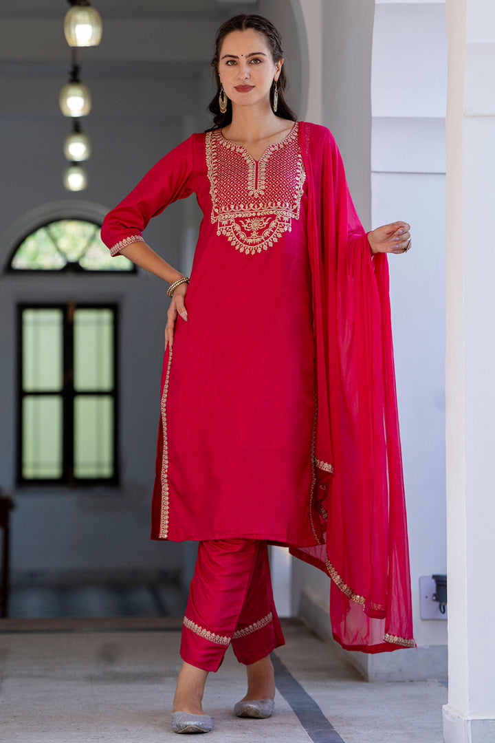 Art Silk Fabric Pink Color Glamorous Embroidered Salwar Suit