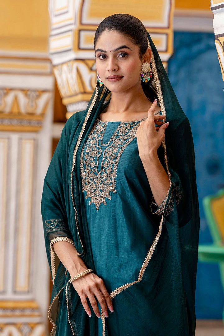 Fabulous Art Silk Fabric Teal Color Salwar Suit