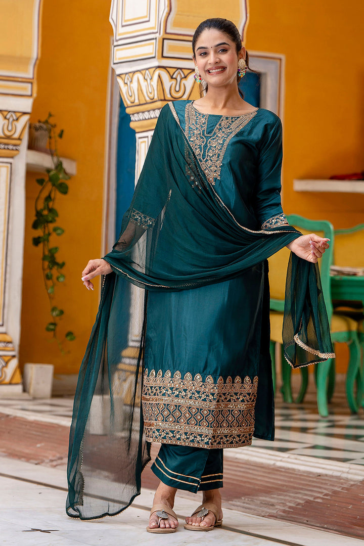 Fabulous Art Silk Fabric Teal Color Salwar Suit