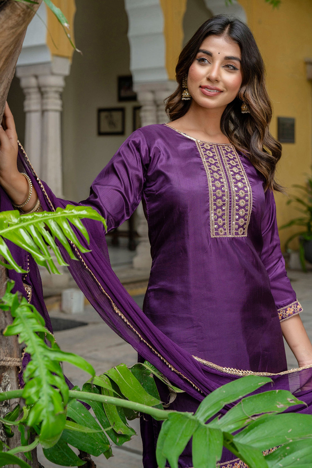 Purple Color Art Silk Fabric Glamorous Look Salwar Suit
