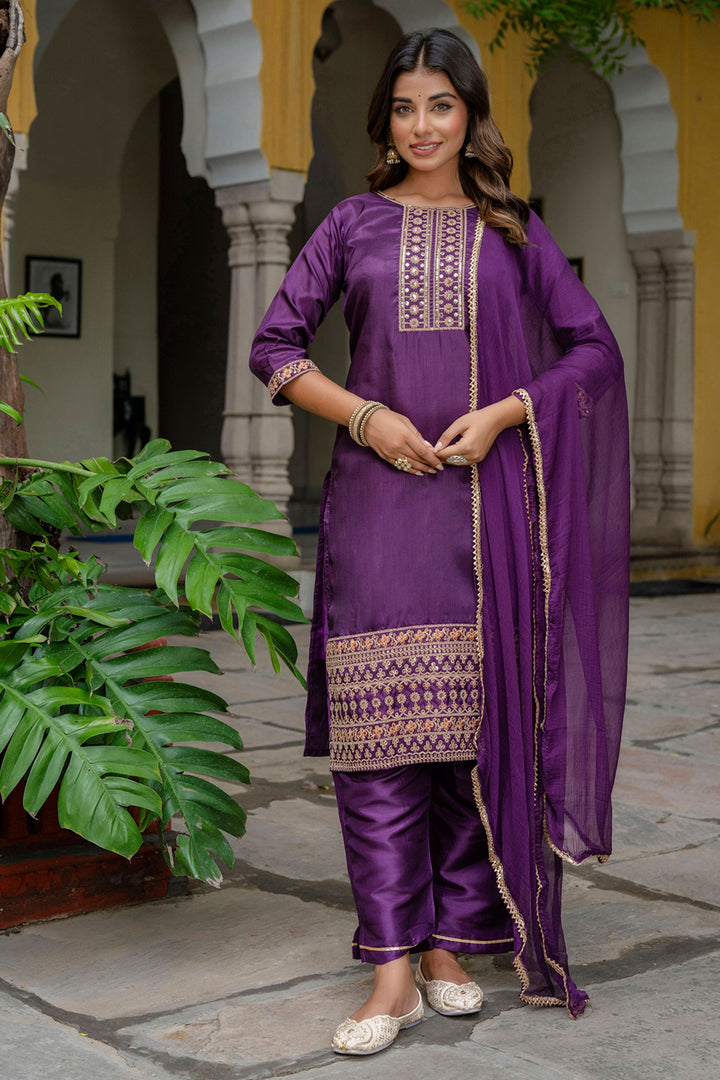 Purple Color Art Silk Fabric Glamorous Look Salwar Suit