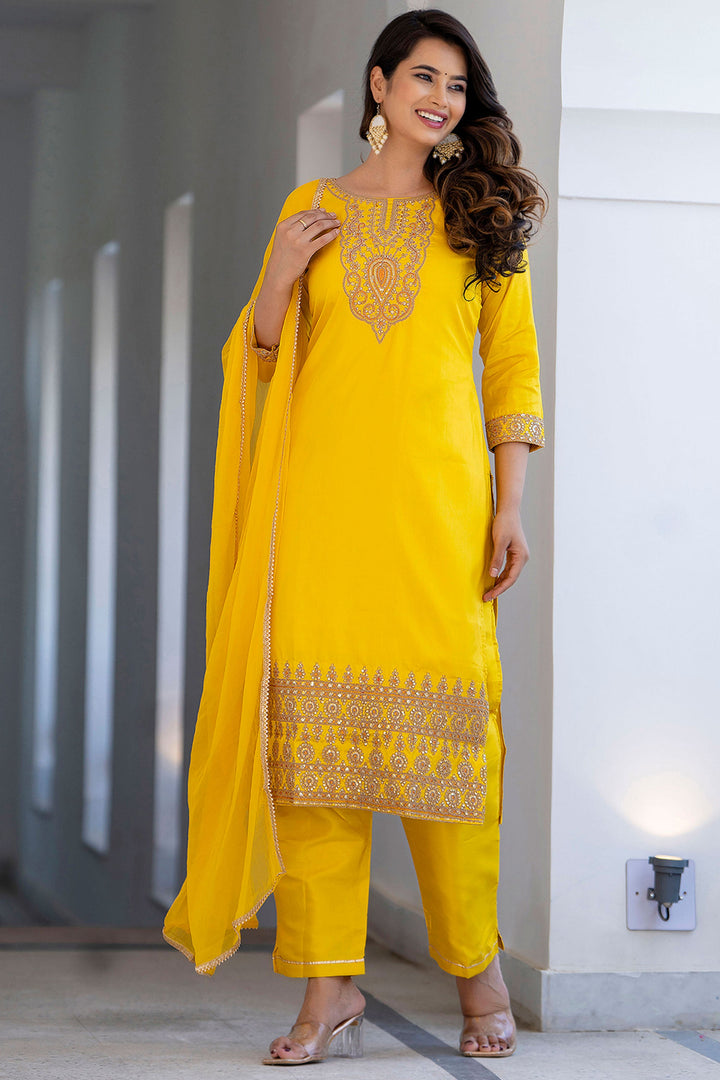 Art Silk Fabric Yellow Color Gorgeous Look Salwar Suit