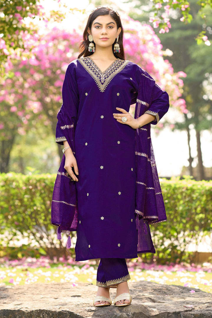 Trendy Art Silk Fabric Purple Color Readymade Salwar Suit