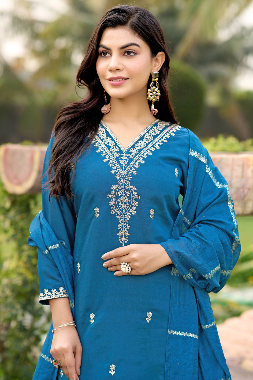 Exclusive Blue Color Readymade Salwar Suit In Art Silk Fabric