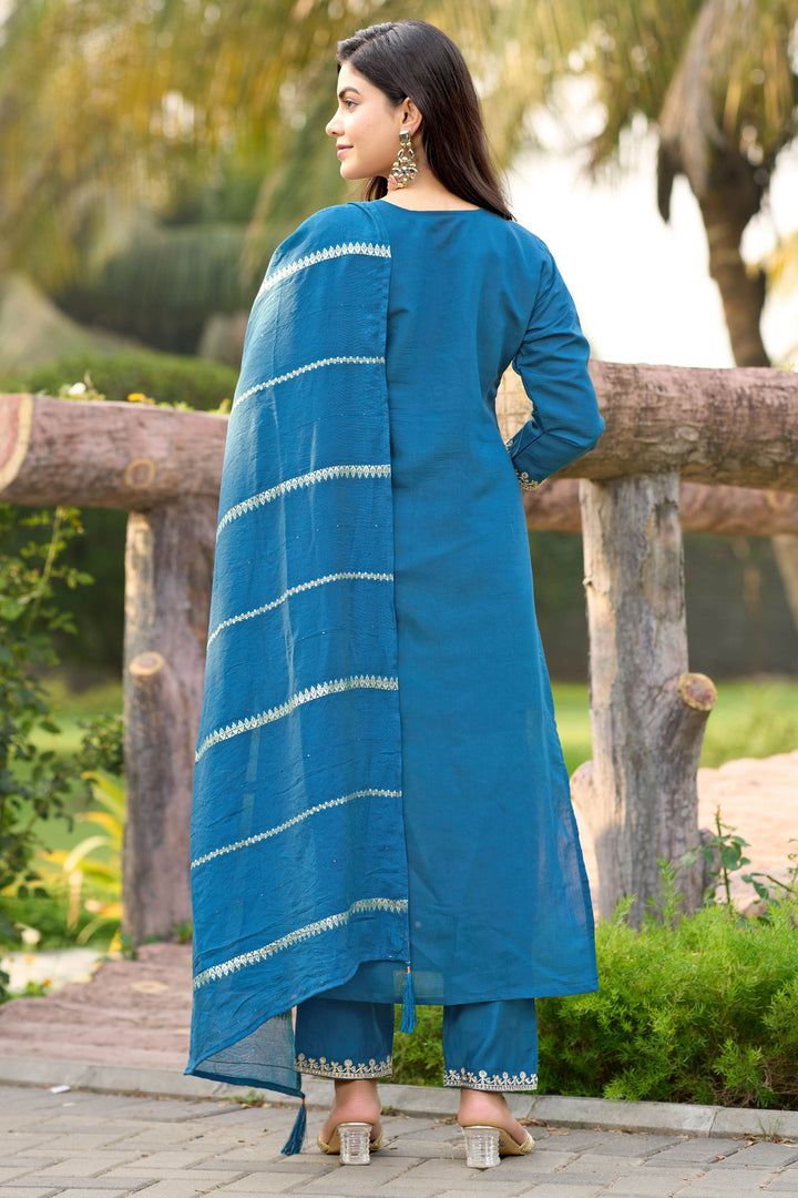 Exclusive Blue Color Readymade Salwar Suit In Art Silk Fabric