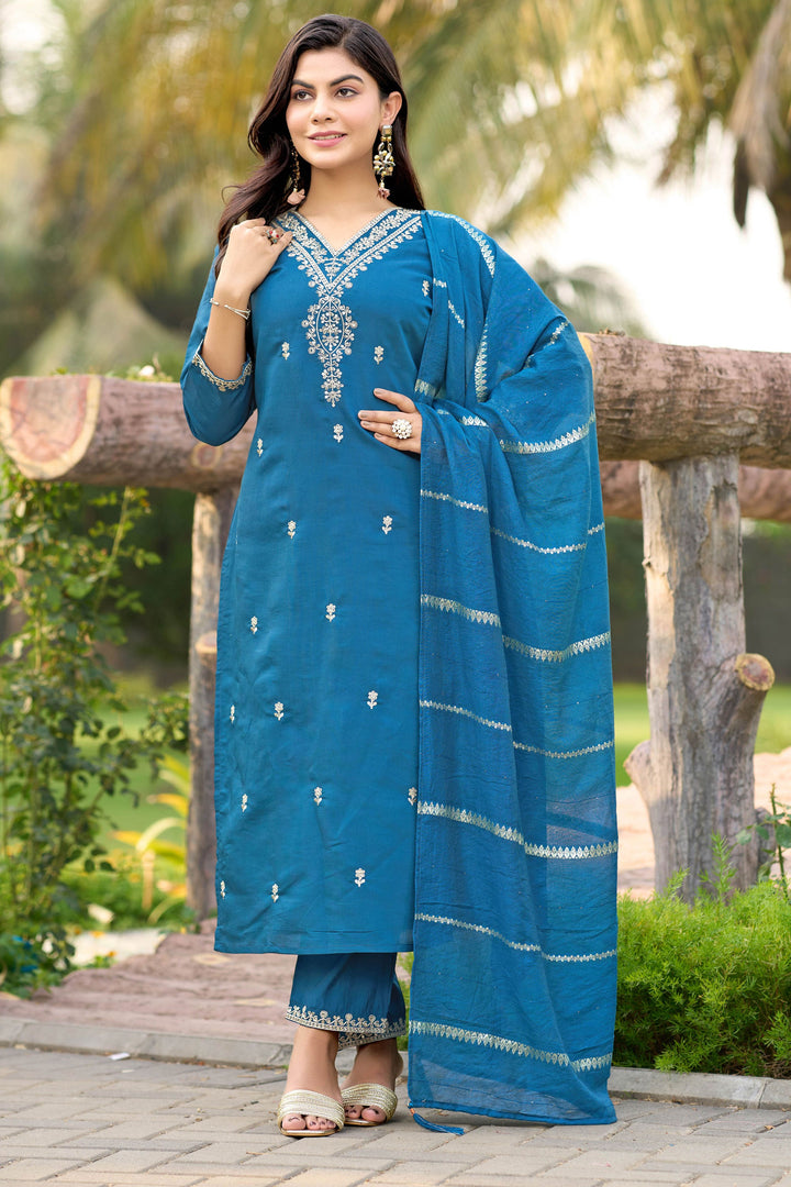 Exclusive Blue Color Readymade Salwar Suit In Art Silk Fabric
