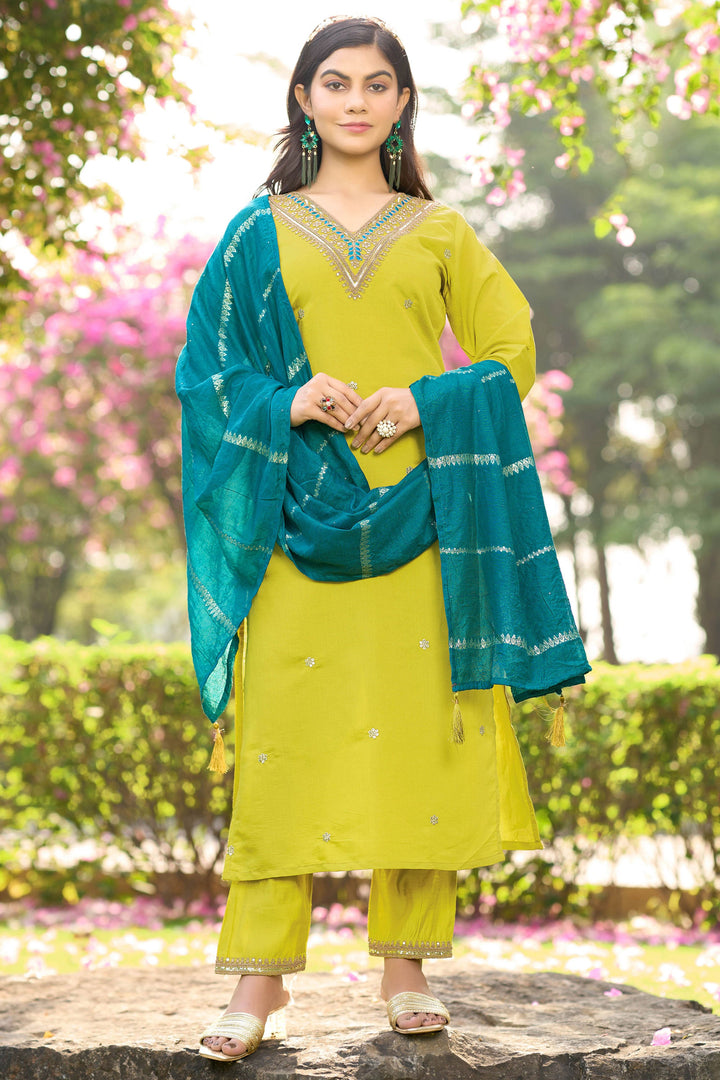 Yellow Color Exquisite Readymade Salwar Suit In Art Silk Fabric