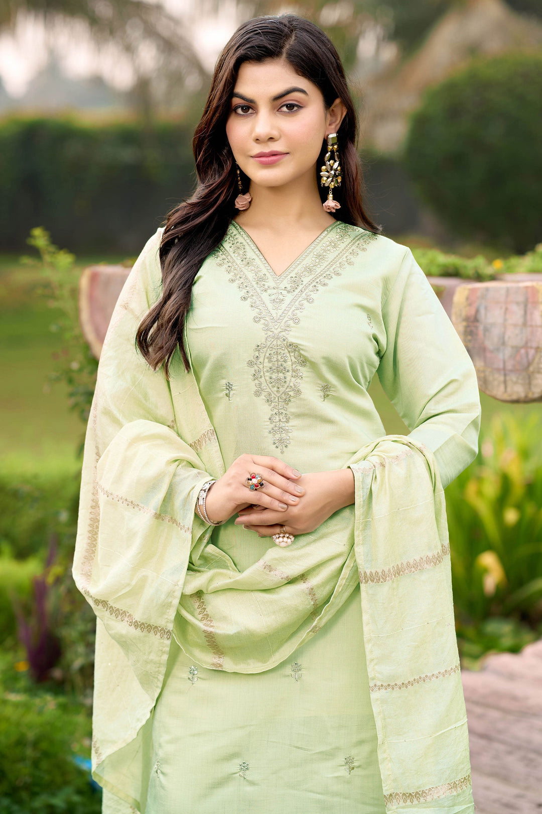 Attrective Art Silk Fabric Sea Green Color Readymade Salwar Suit
