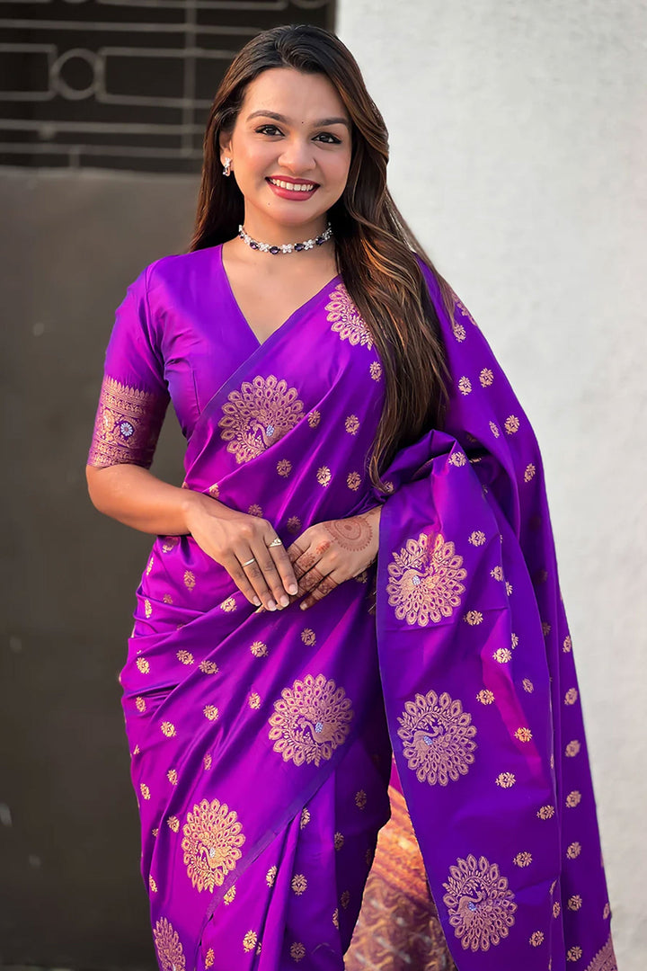 Purple Color Jacquard Work Pleasant Banarsi Style Silk Saree