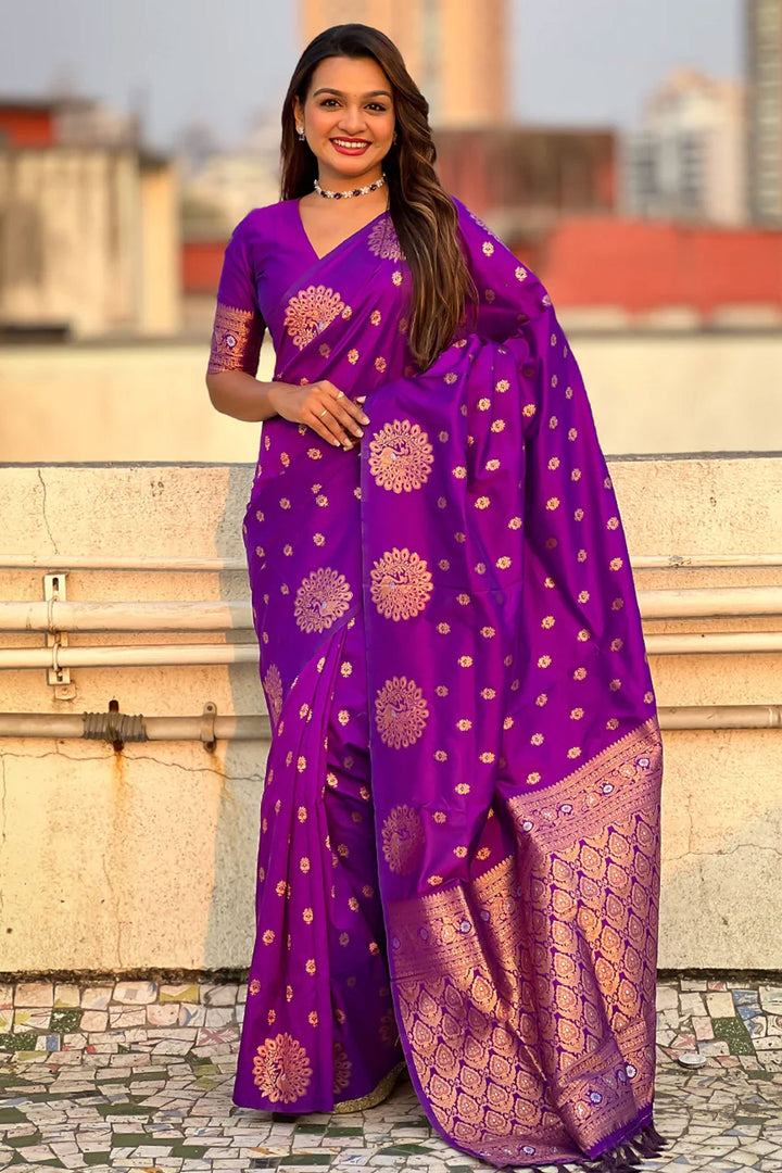 Purple Color Jacquard Work Pleasant Banarsi Style Silk Saree