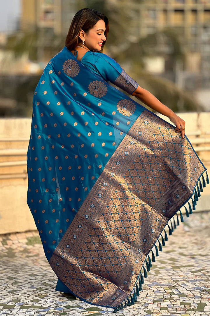 Teal Color Jacquard Work Brilliant Banarsi Style Silk Saree