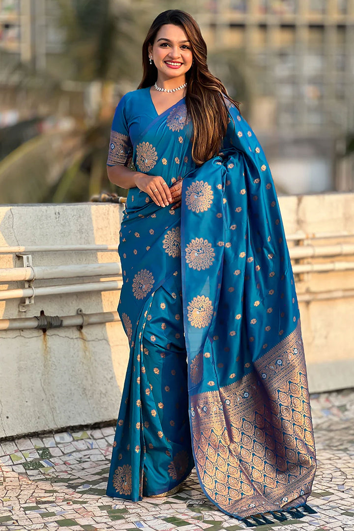 Teal Color Jacquard Work Brilliant Banarsi Style Silk Saree