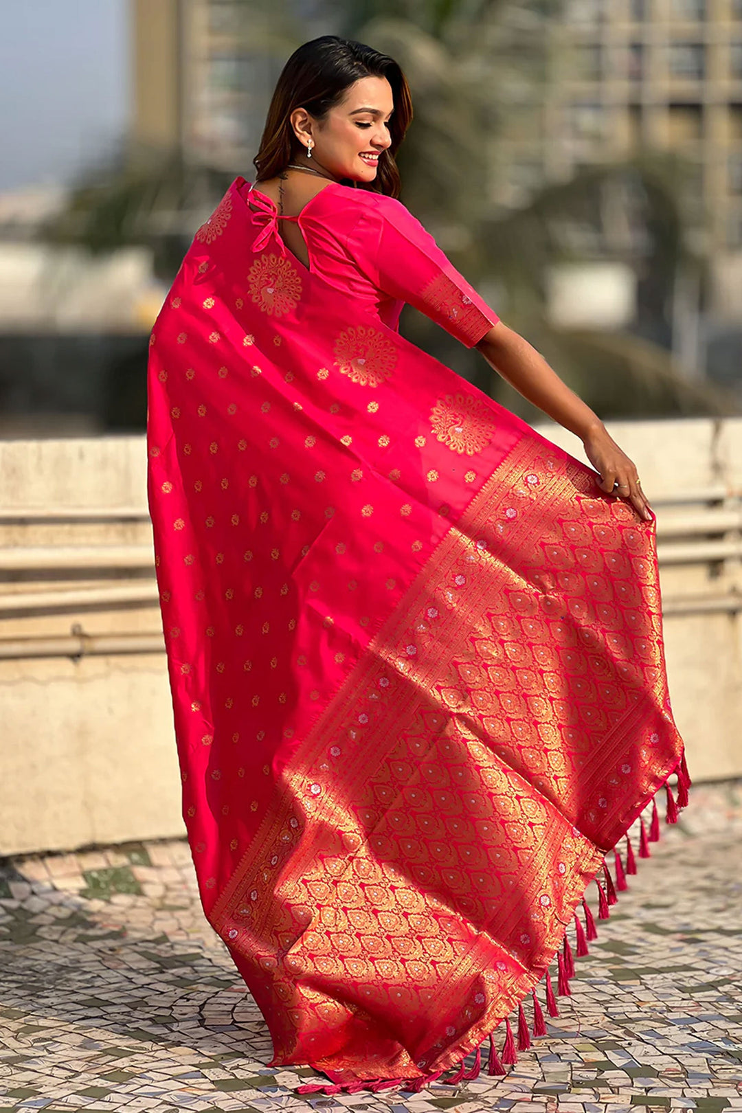 Jacquard Work Imposing Banarsi Style Silk Saree In Rani Color