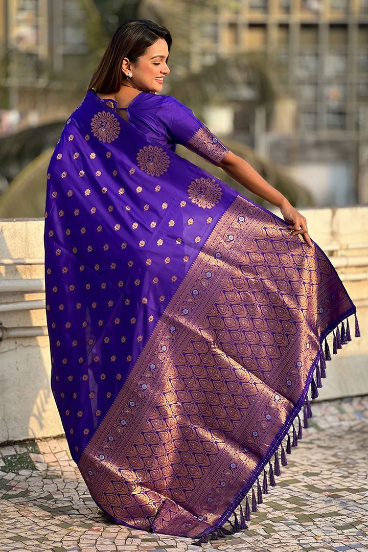 Jacquard Work Soothing Banarsi Style Silk Saree In Blue Color