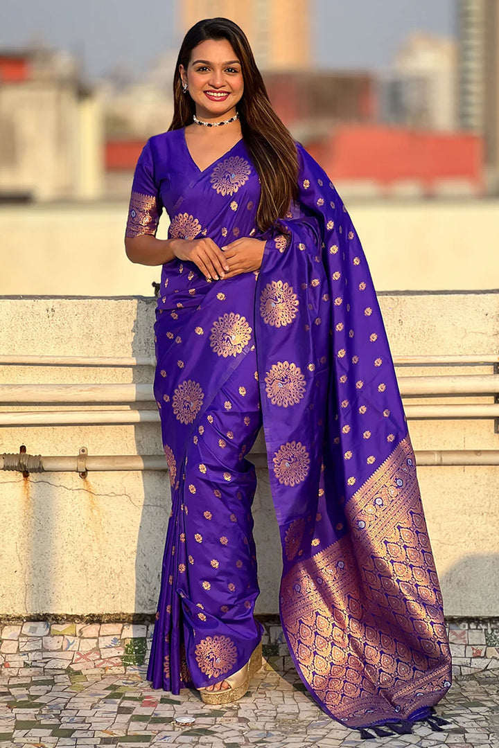 Jacquard Work Soothing Banarsi Style Silk Saree In Blue Color