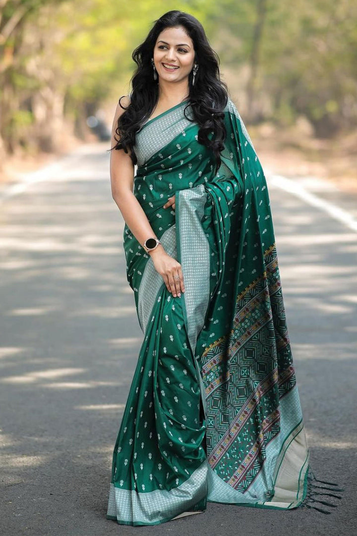 Jacquard Work Soothing Banarsi Style Silk Saree In Green Color