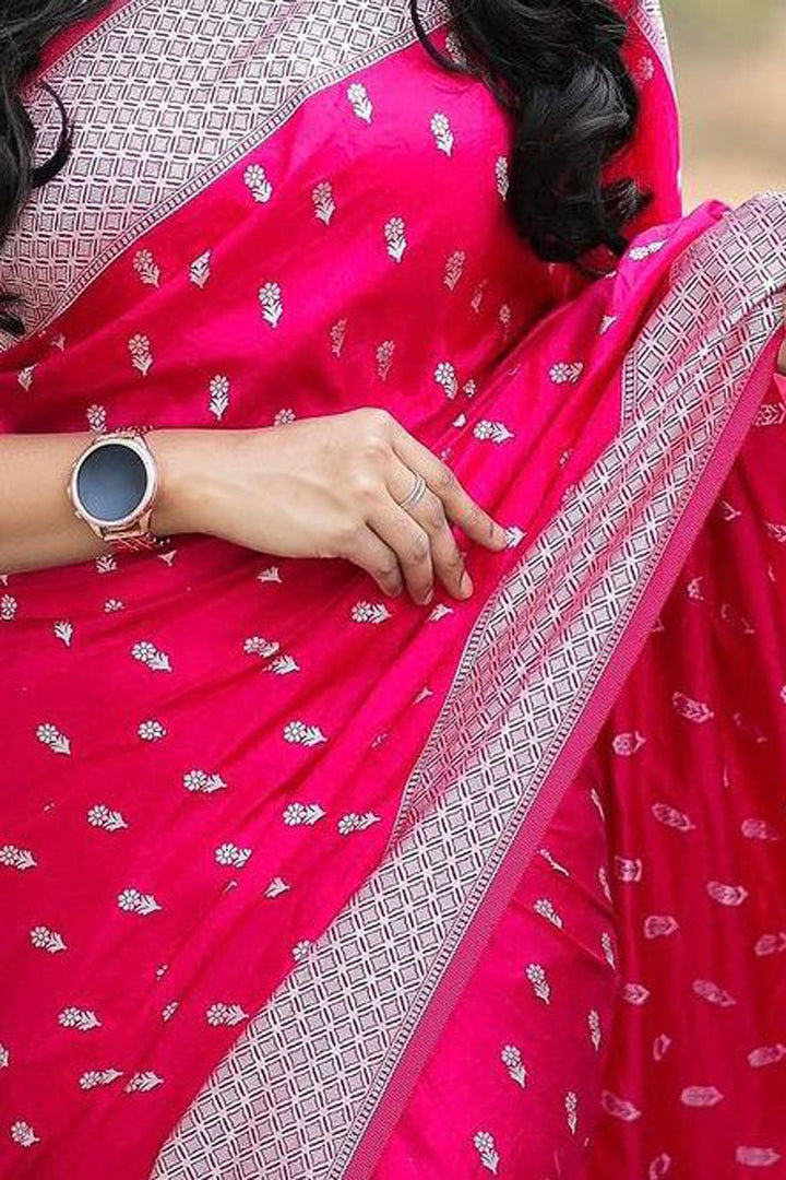 Blazing Rani Color Jacquard Work Banarsi Style Silk Saree