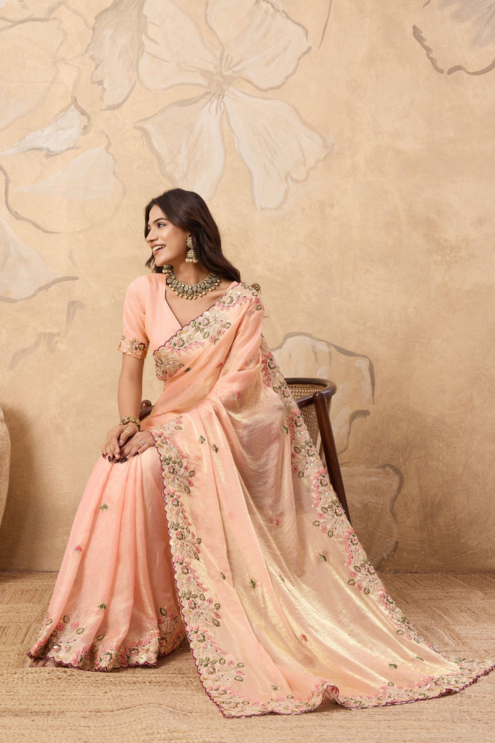 Peach Color Exquisite Embroidered Work Saree In Chiffon Fabric