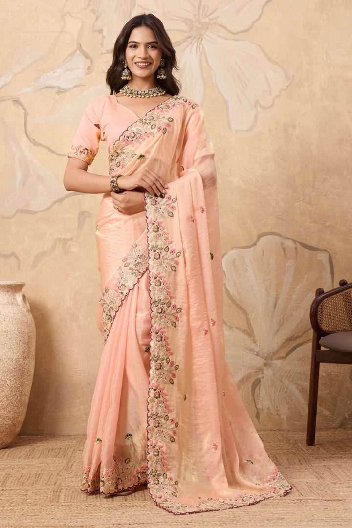 Peach Color Exquisite Embroidered Work Saree In Chiffon Fabric