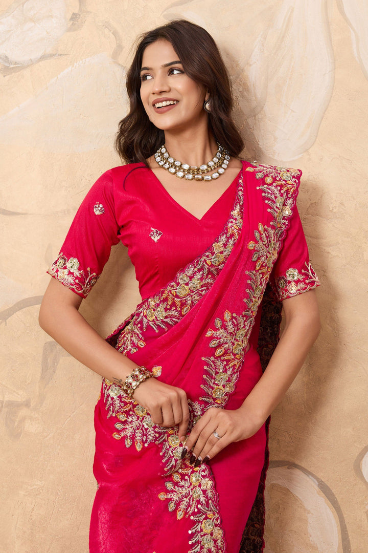 Attrective Chiffon Fabric Pink Color Saree With Embroidered Work