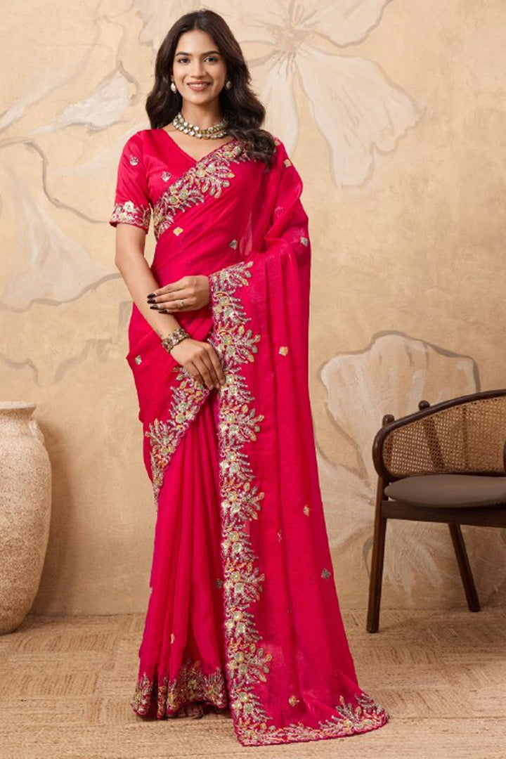 Attrective Chiffon Fabric Pink Color Saree With Embroidered Work