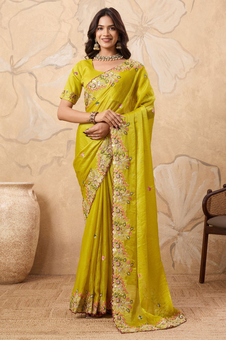 Chiffon Fabric Embroidered Work On Yellow Color Amazing Saree