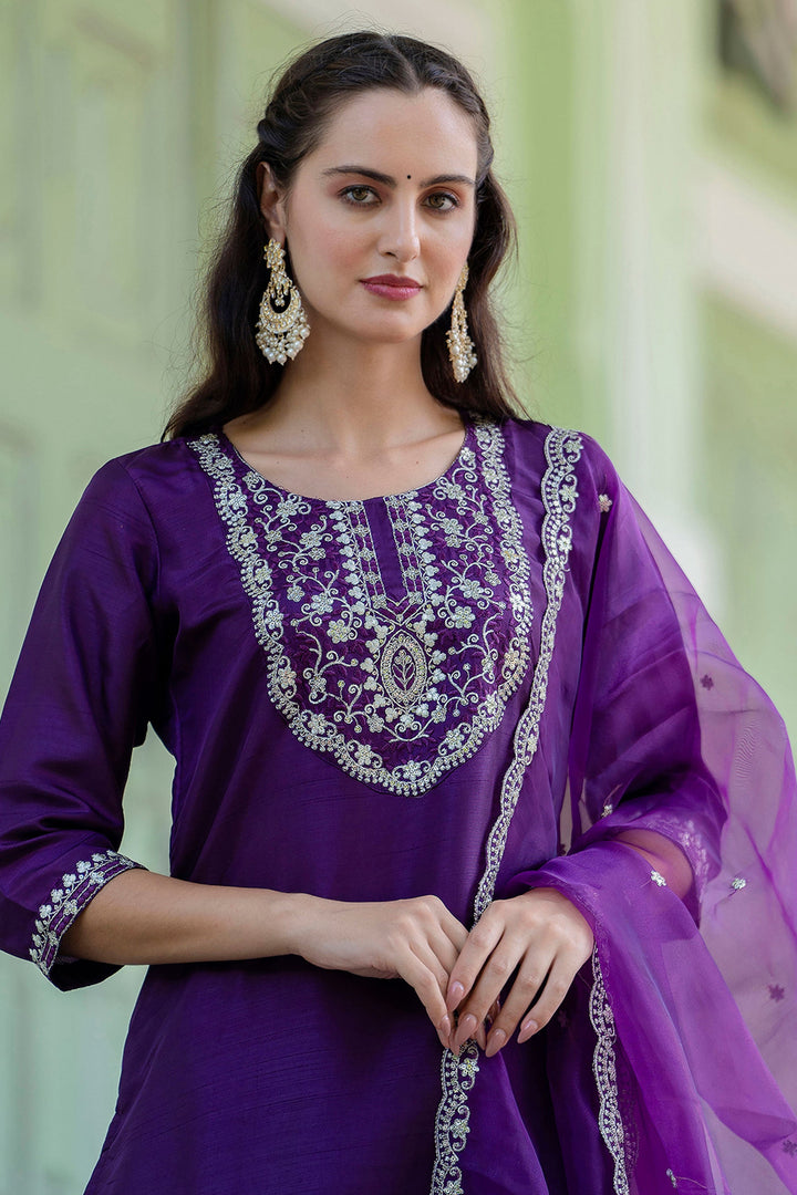 Purple Color Sober Readymade Salwar Suit In Silk Fabric