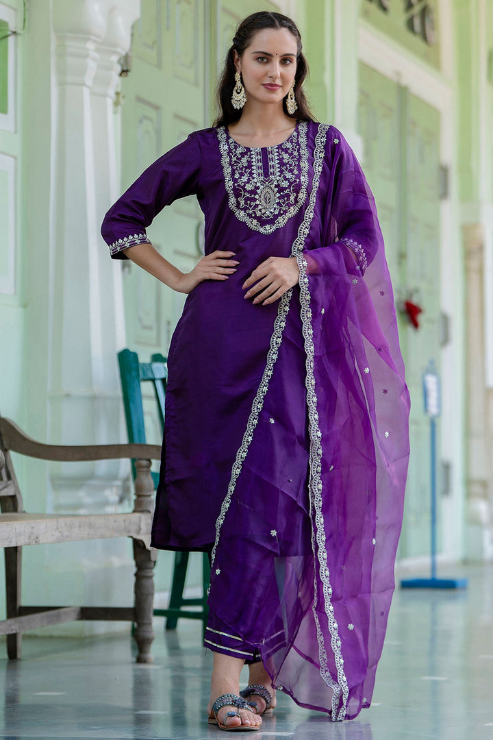 Purple Color Sober Readymade Salwar Suit In Silk Fabric
