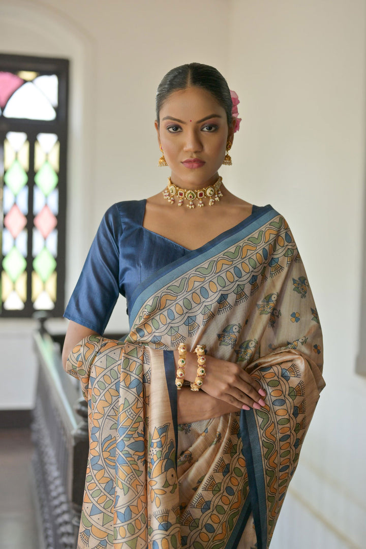 Beguiling Beige Color Tussar Silk Fabric Saree With Blue Blouse