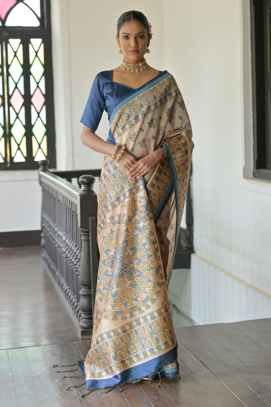 Beguiling Beige Color Tussar Silk Fabric Saree With Blue Blouse