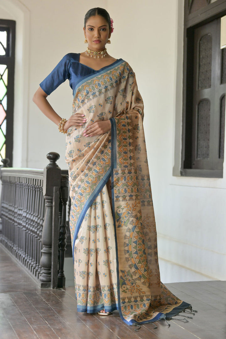 Beguiling Beige Color Tussar Silk Fabric Saree With Blue Blouse