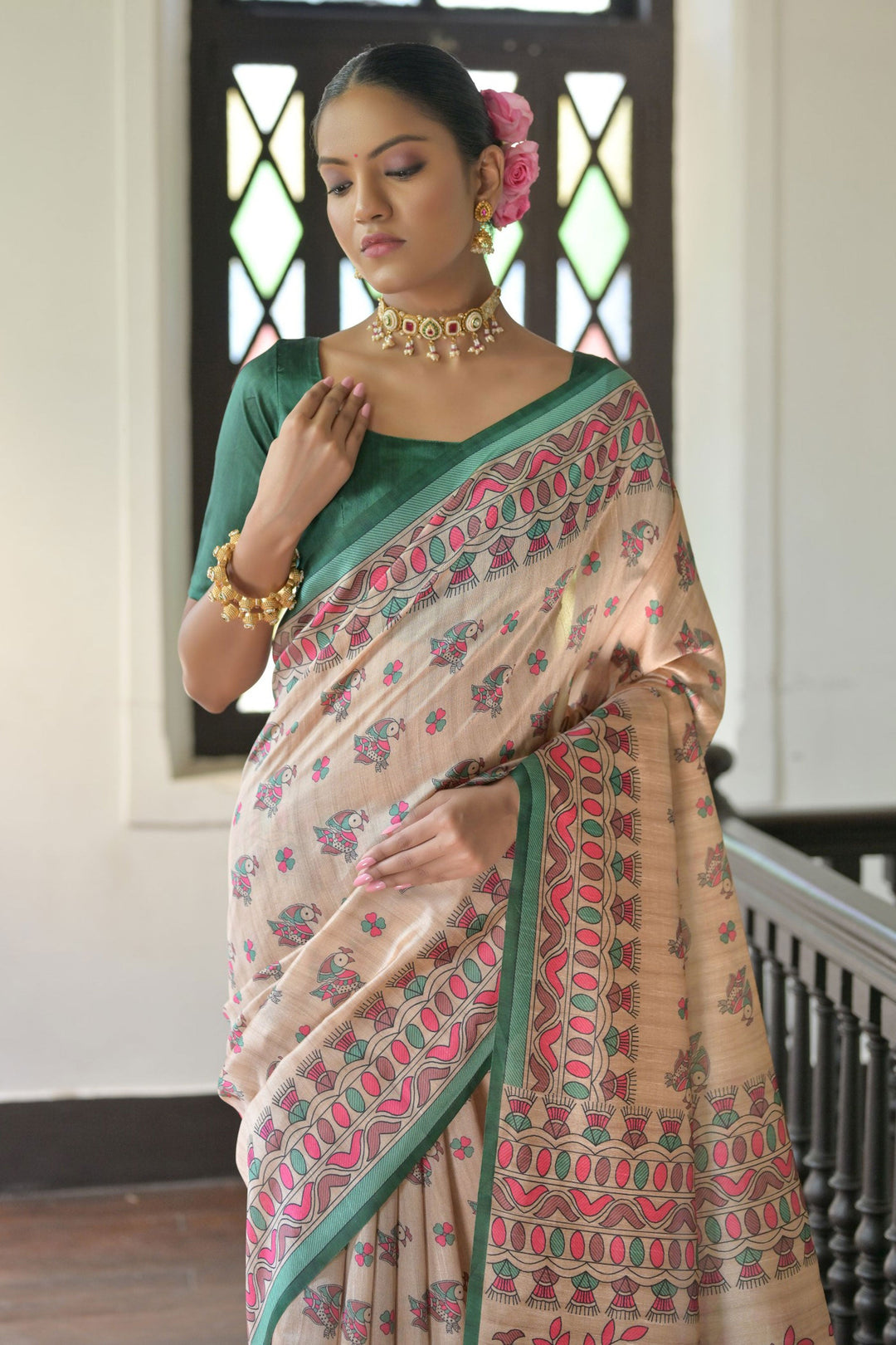 Incredible Tussar Silk Fabric Beige Color Saree With Green Blouse
