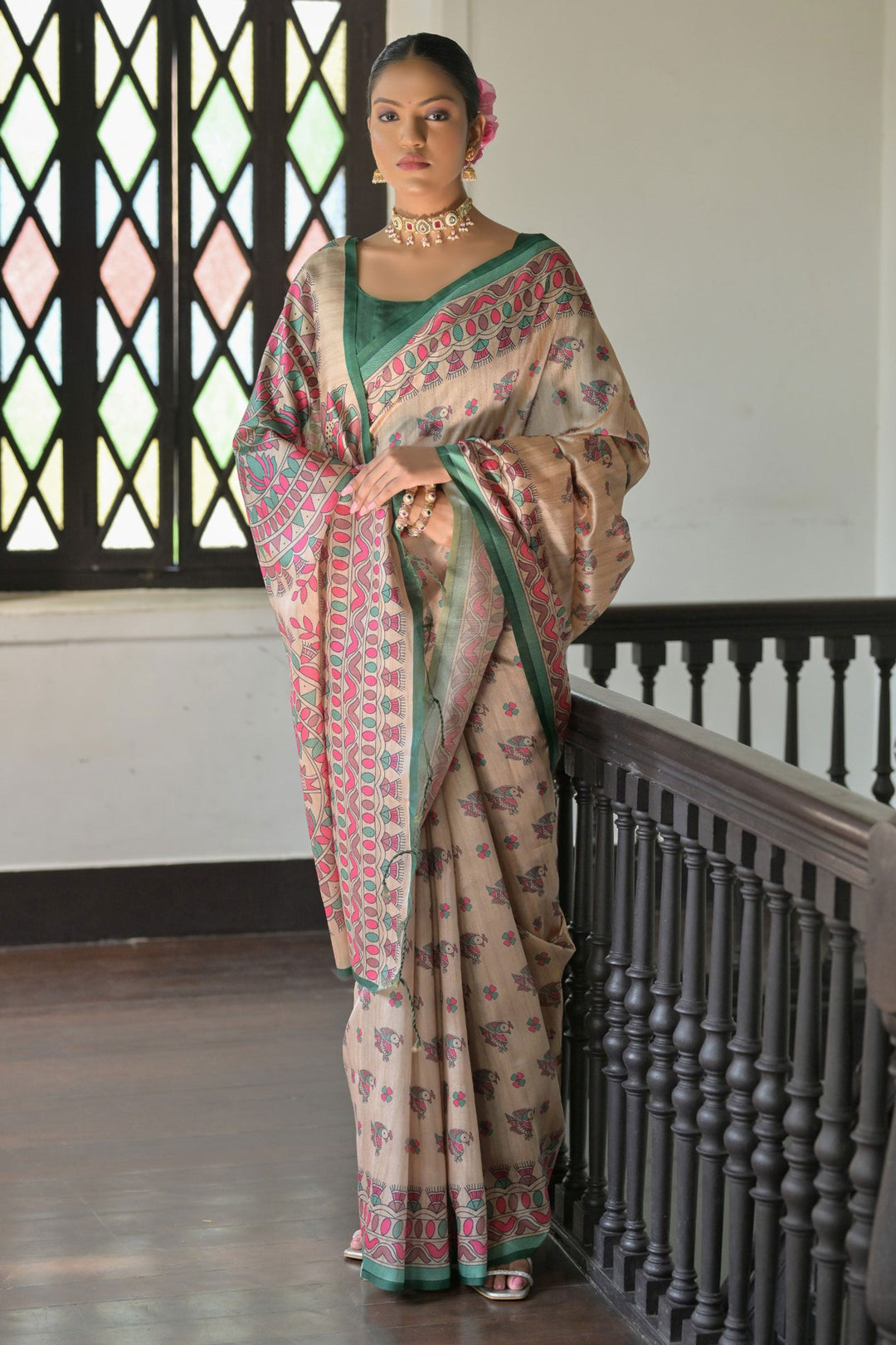 Incredible Tussar Silk Fabric Beige Color Saree With Green Blouse